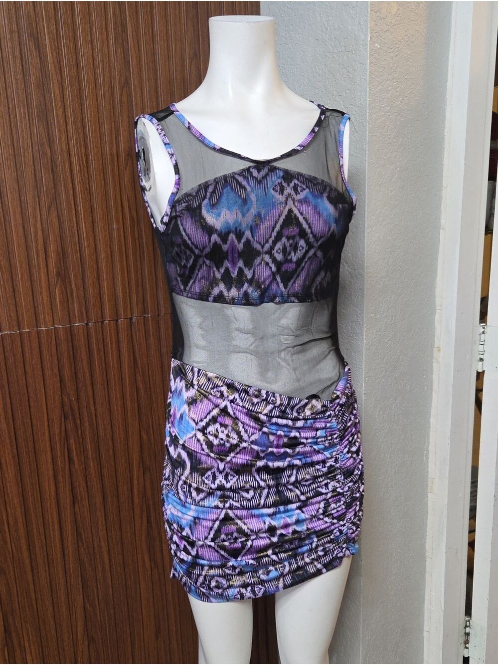 Sheer Panel Purple Patterned Mini Dress [1941]